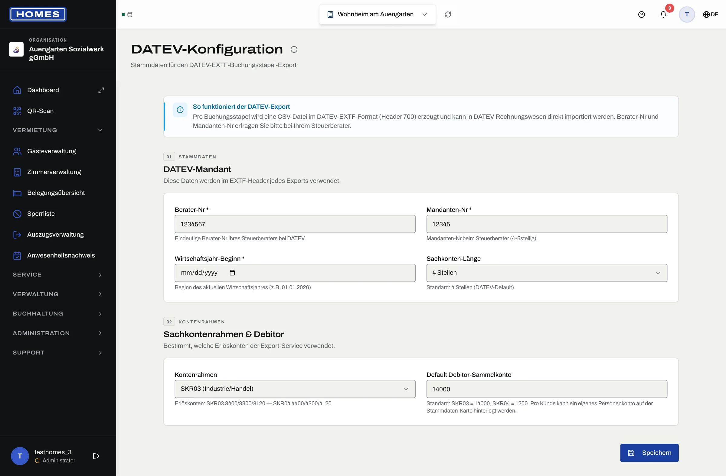 DATEV-Konfiguration mit Konten- und Kostenstellen-Mapping