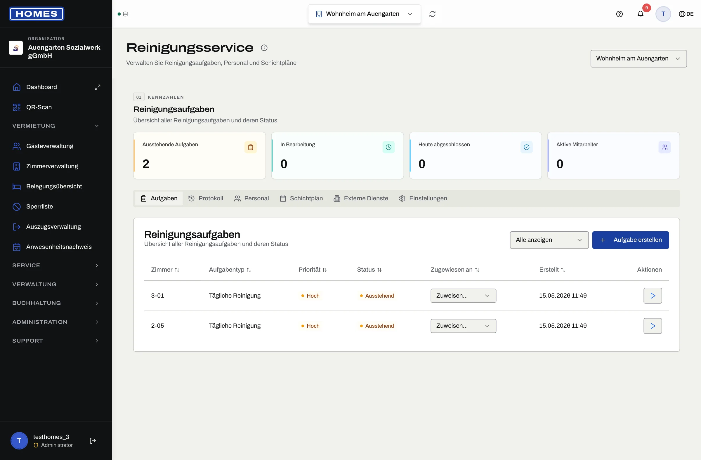 Housekeeping-Board mit Reinigungs-Tasks, Schicht- und Personalplanung
