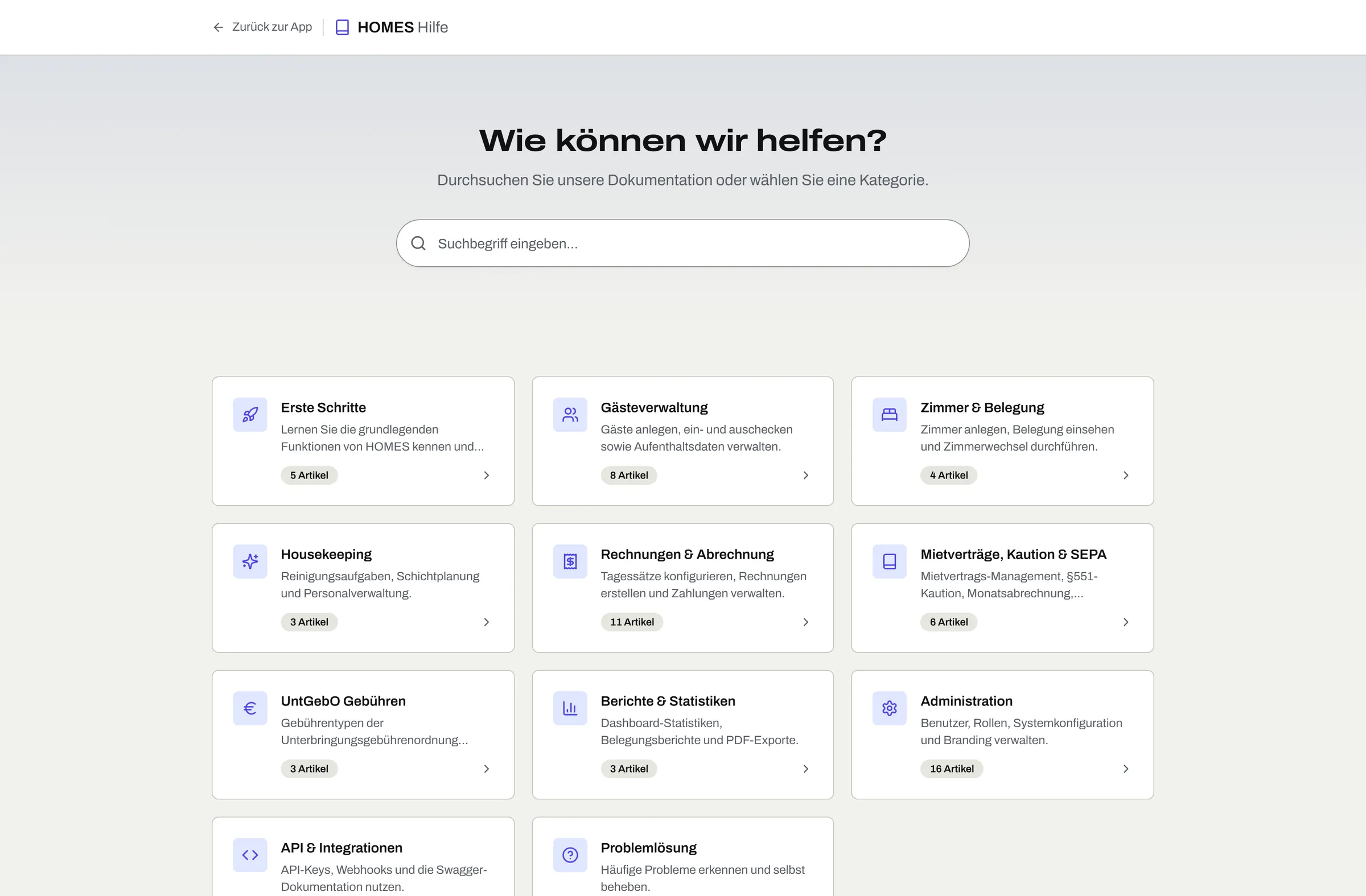 Help-Center-Übersicht mit Kategorien und Suchfunktion