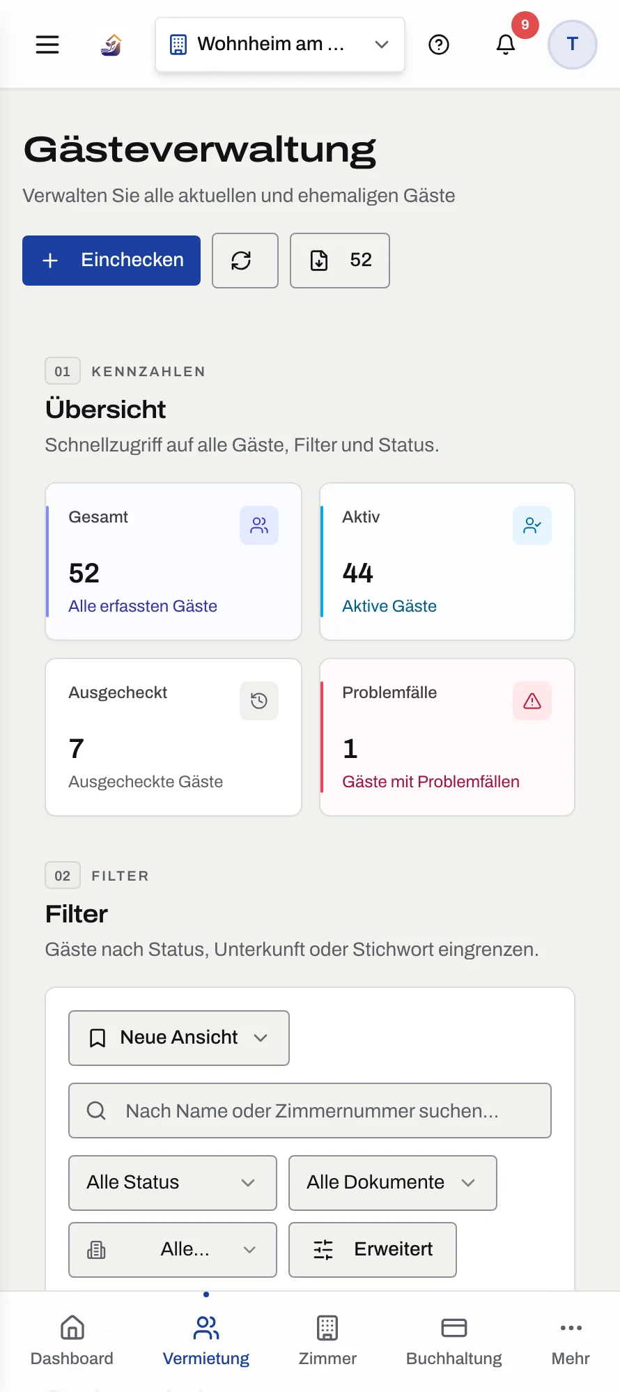 HOMES Gästeverwaltung im mobilen Layout mit Übersicht und Filter