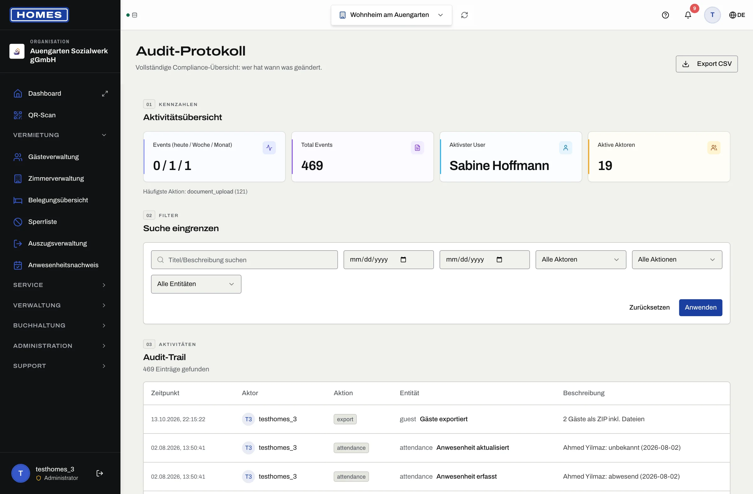 Audit-Protokoll mit Tabelle: Zeitpunkt, Aktor, Aktion, Entität und Beschreibung — GoBD-konform