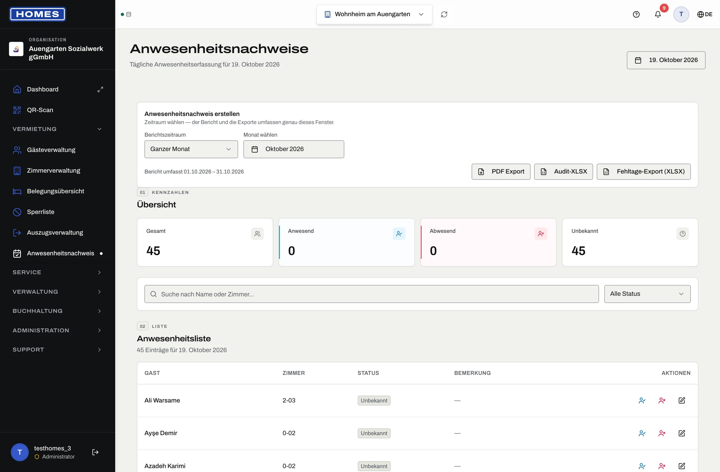 Anwesenheitsnachweis-Tabelle mit aktuellem Status pro Gast und Zimmer