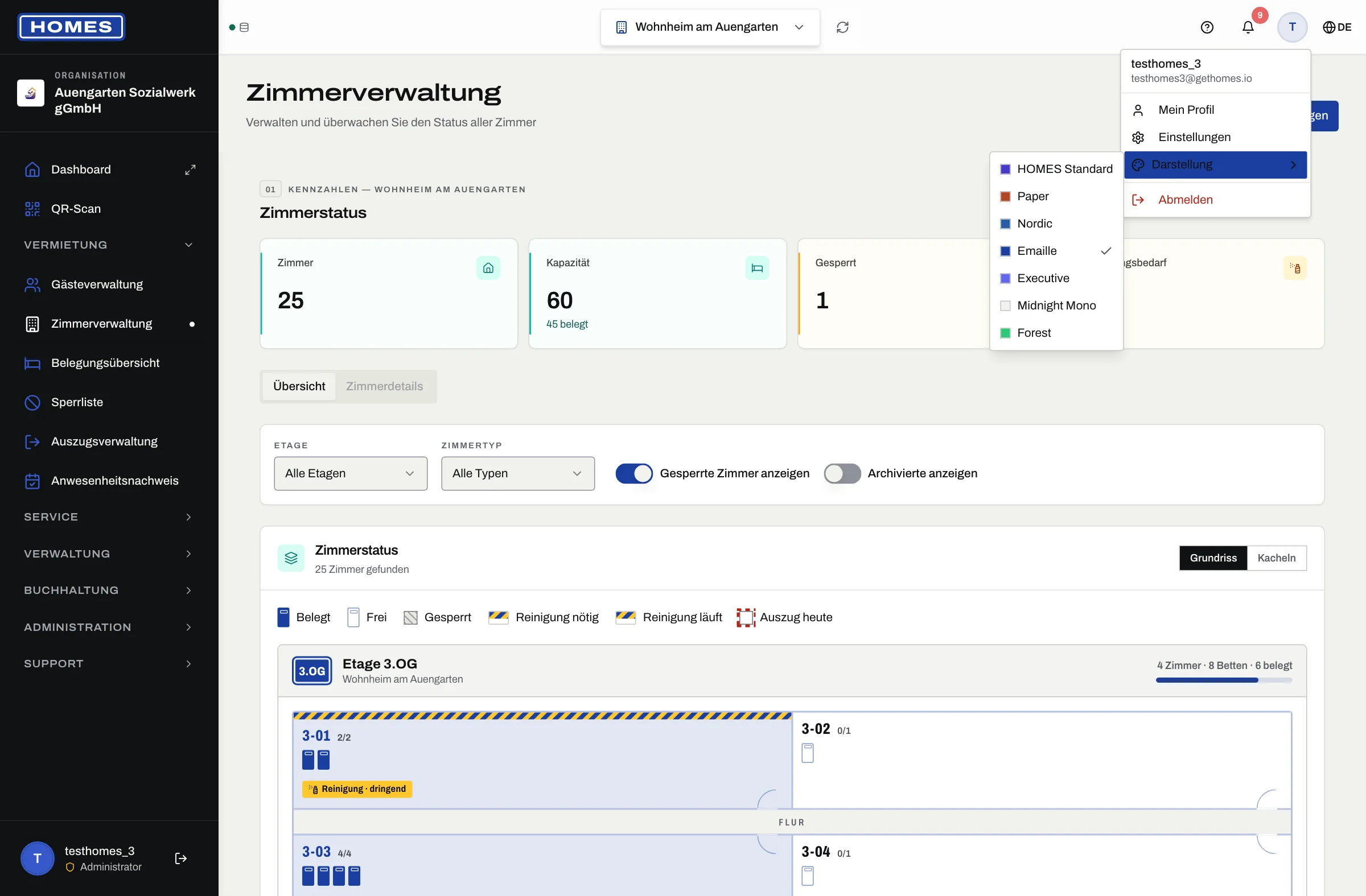 Benutzermenü mit dem Untermenü „Darstellung“ und der Auswahl der Farbschemata, darunter Emaille