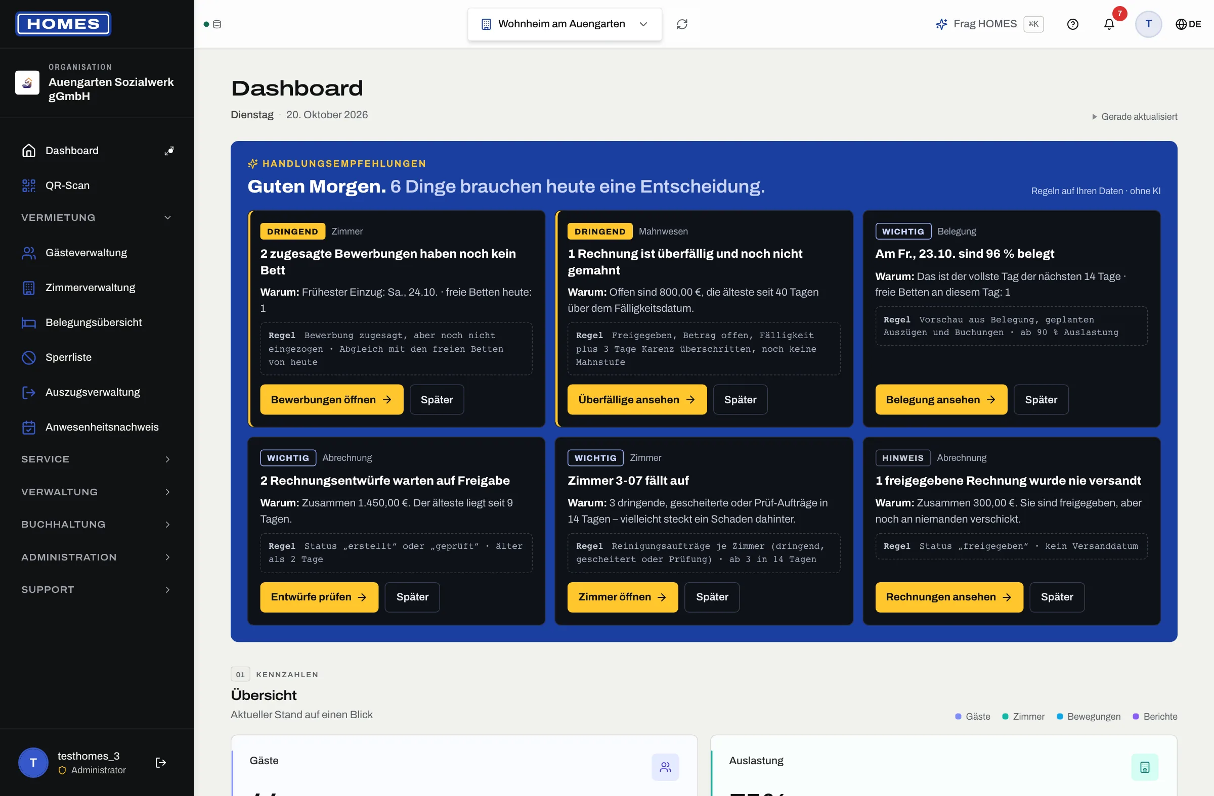 Dashboard mit dem blauen Band „Handlungsempfehlungen“: Karten mit Dringlichkeit, Grund, Regel und Knopf zur Erledigung